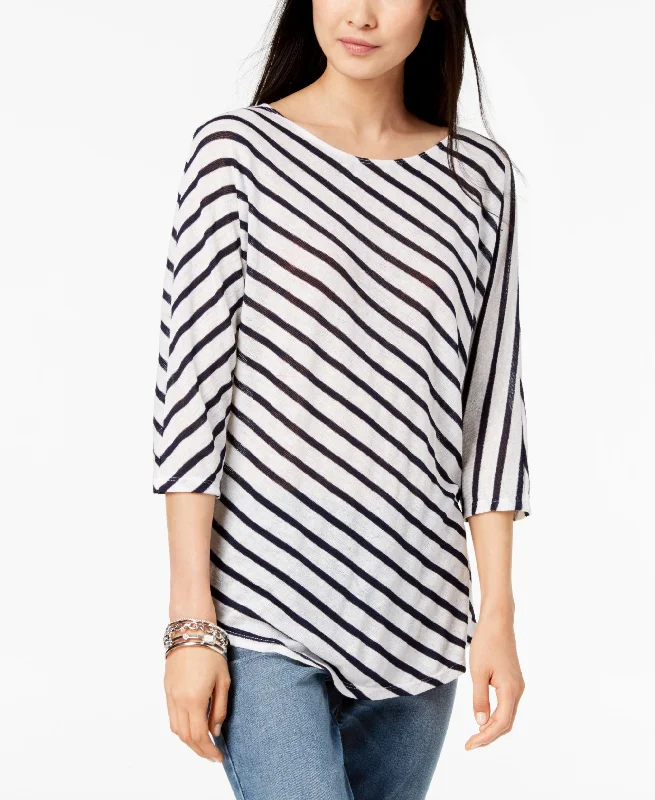 Petite 3/4 Sleeve Striped T-Shirt-- Mesh Blend Leather Blend Suede Blend