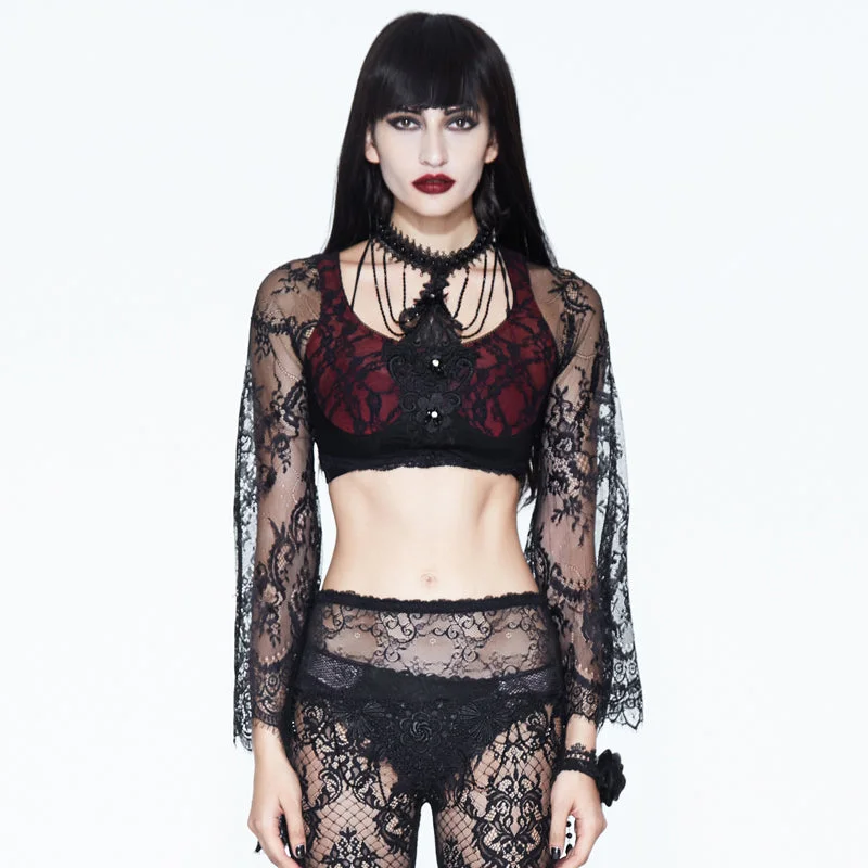 ETT010 Summer black and red sexy women lace sleeve ultrashort halter t-shirt with bead chains-- Denim Fabric Leather Fabric Suede Fabric