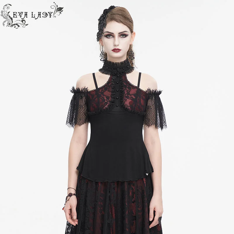 ETT032 Off-the-shoulder strappy ruffled short sleeves t-shirt-- Sequined Glittery Shiny