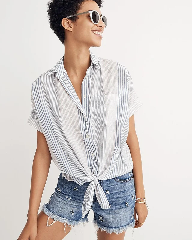 Short-Sleeve Tie-Front Shirt-- Chenille Brocade Lace