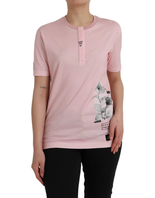 Dolce & Gabbana Pink Floral Print Cotton Short Sleeves Women's T-shirt-- Oversized T-Shirt Spandex breathable