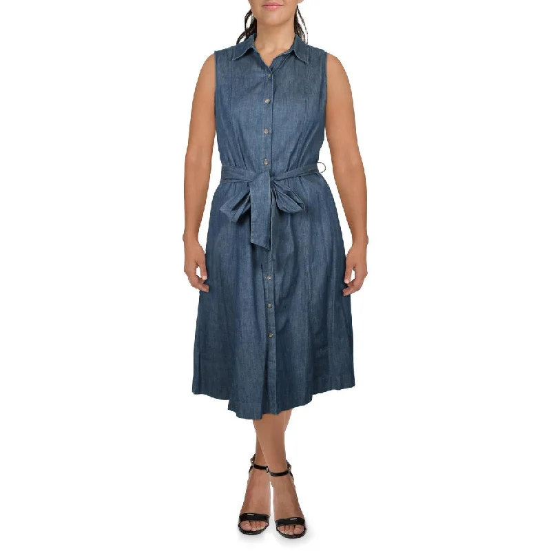 Womens Midi Tie Belt Shirtdress-- Mesh Blend Leather Blend Suede Blend