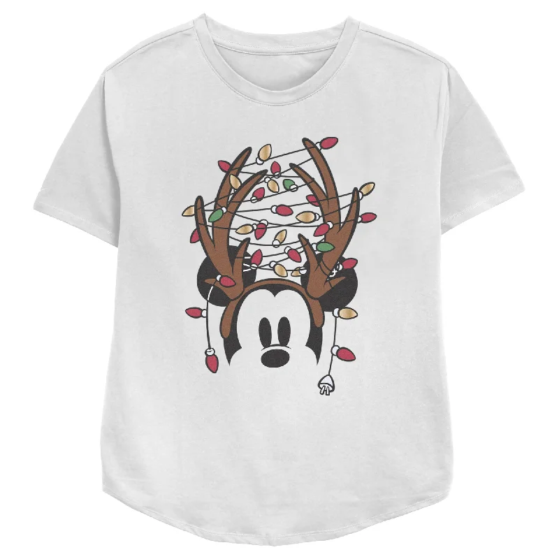 Women's Mickey & Friends Antlers with Christmas Lights T-Shirt-- Chenille Blend Fleece Blend Nylon Blend