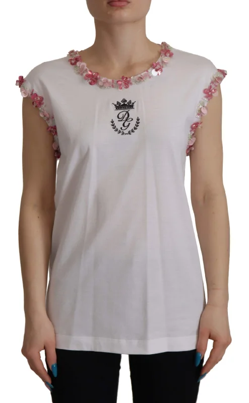 Dolce & Gabbana Chic Sequined Crown Tank Top Women's T-Shirt-- Welt Pockets Slit Pockets