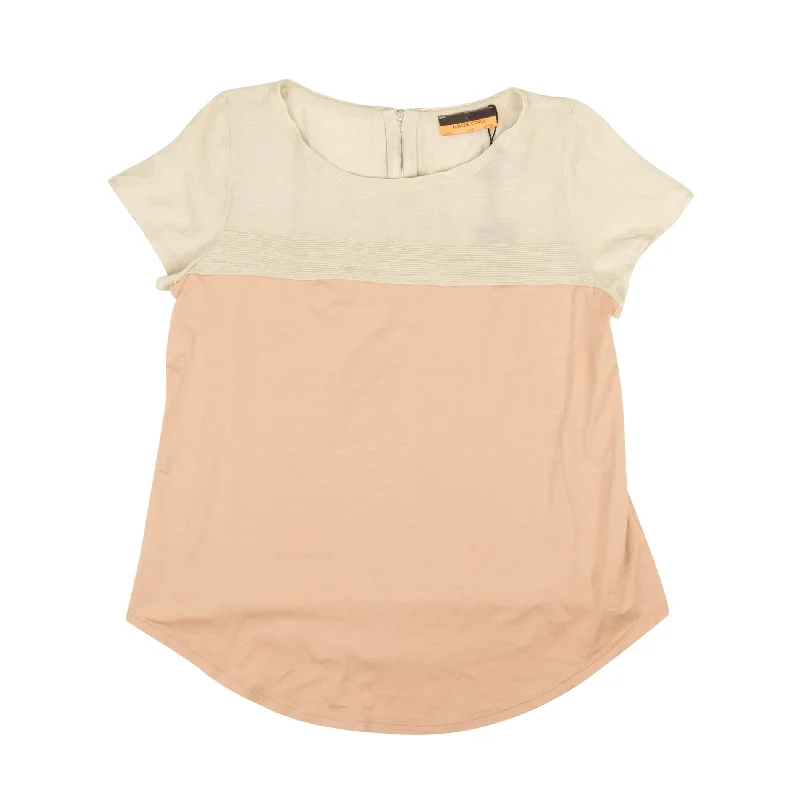 DAVIDE CENCI Beige & Blush Mixed Media Short Sleeve T-Shirt-- Welt Pockets Slit Pockets