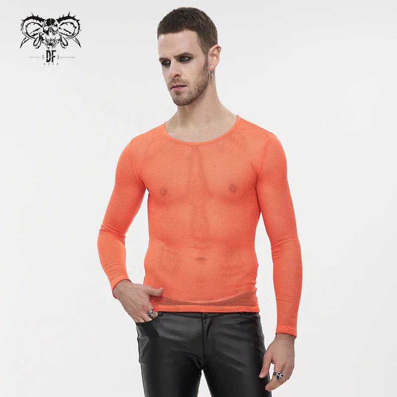 TT19802 Orange Diamond-shaped net basic style long sleeves men t-shirts-- Chenille Brocade Lace