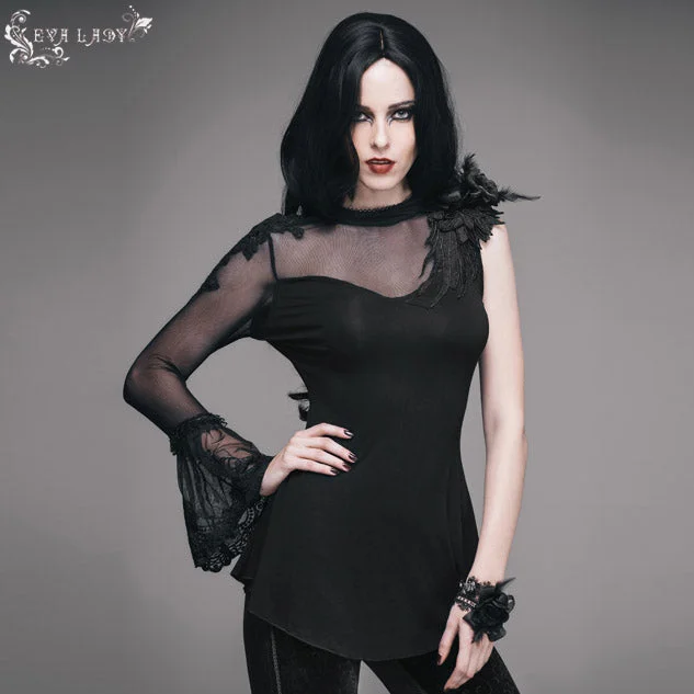 ETT003 Summer sexy ladies single flared sleeve hip covered stretchy mesh T-shirt-- Embroidered Appliqued Beaded