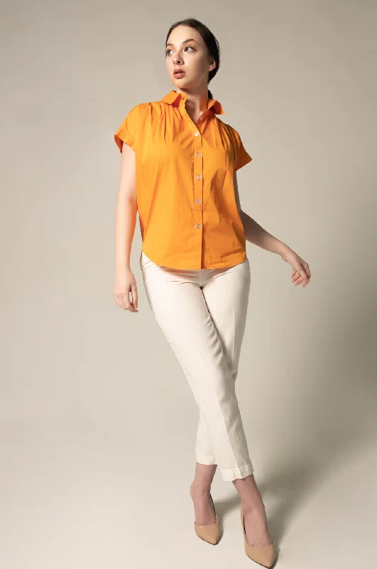 Women's Gather Collar Shirt in Orange-- Print Jacquard Patchwork