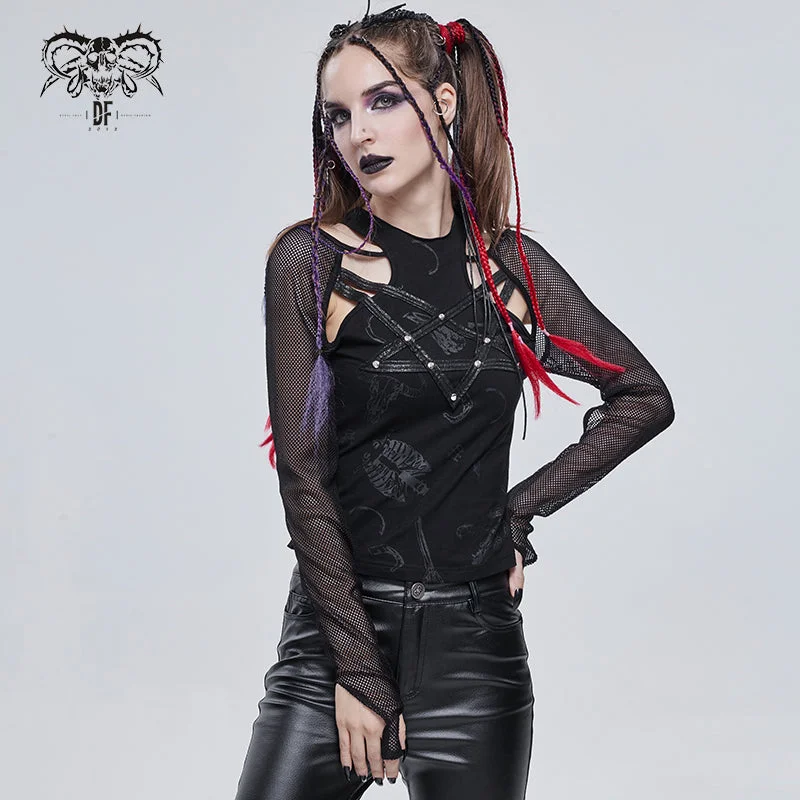 TT176 Pentagram leather striped long sleeve T-shirt-- Sequined Glittery Shiny