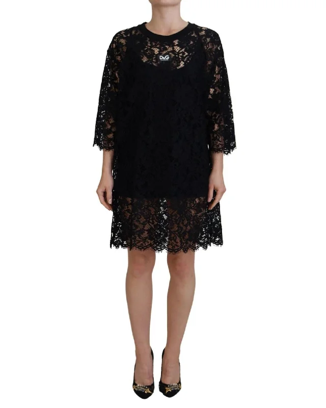 Dolce & Gabbana  Black Lace T-Shirt Dress-- Cotton Fabric Linen Fabric Terry Fabric