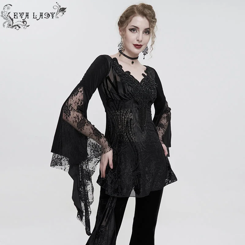 ETT027 Beaded collar lace appliqued Floral hip covered T-Shirt-- Houndstooth Herringbone Solid