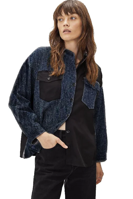 Color Block Denim Shirt-- Hooded Caped Shawl Collar