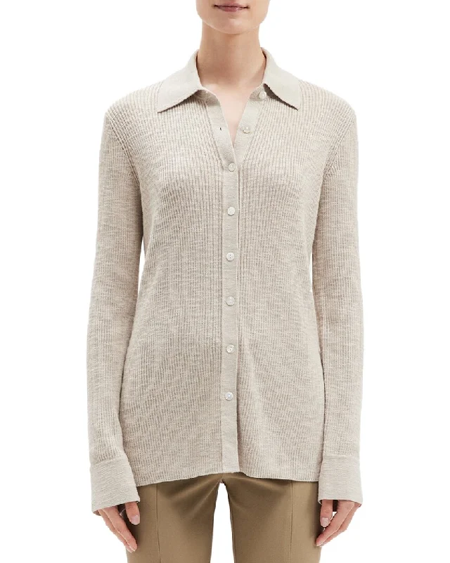Theory Fine Rib Wool-Blend Button Shirt-- Solid Print Embellished