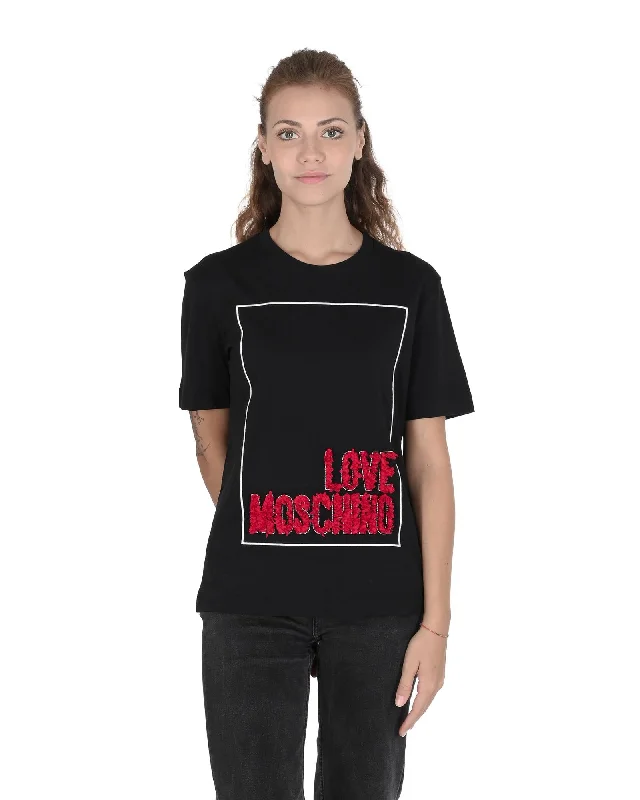 Love Moschino  Women's Black Embroidered Floral Logo T-Shirt-- Layered Multi-layer Single Layer
