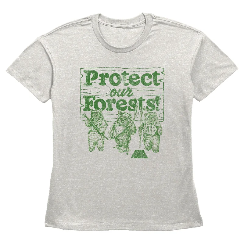Women's Star Wars Ewok Protect Our Forests T-Shirt-- Notch Collar Peter Pan Collar Cowl Neck