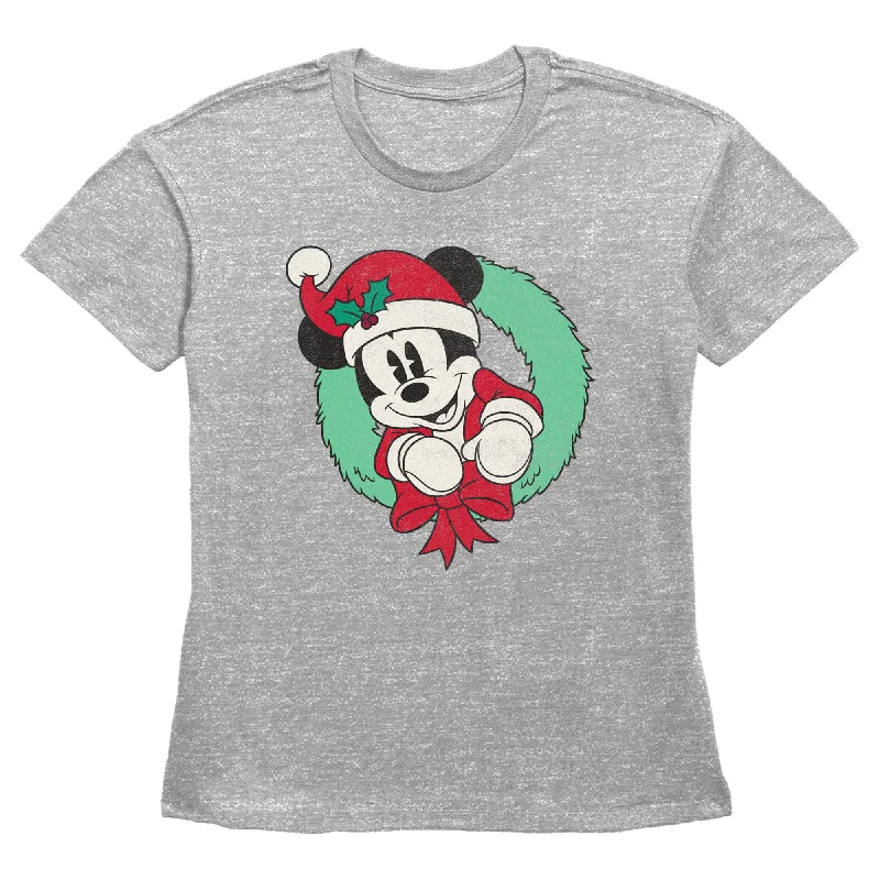 Women's Mickey & Friends Retro Festive Wreath T-Shirt-- Cotton Fabric Linen Fabric Terry Fabric
