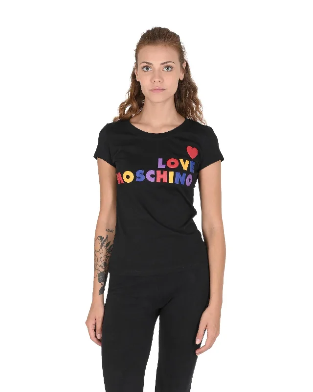 Love Moschino  Women's Black Cotton T-Shirt with Colorful Logo-- Casual Formal Business