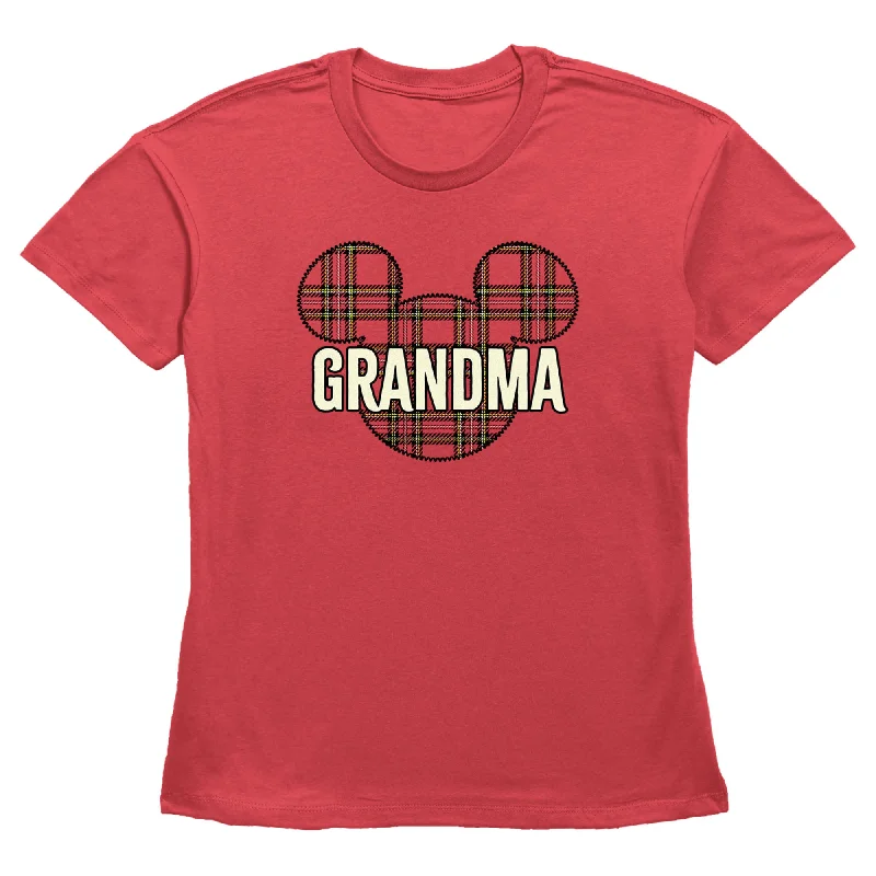 Women's Mickey & Friends Grandma Plaid Logo T-Shirt-- Wool Fabric Cashmere Fabric Tweed Fabric