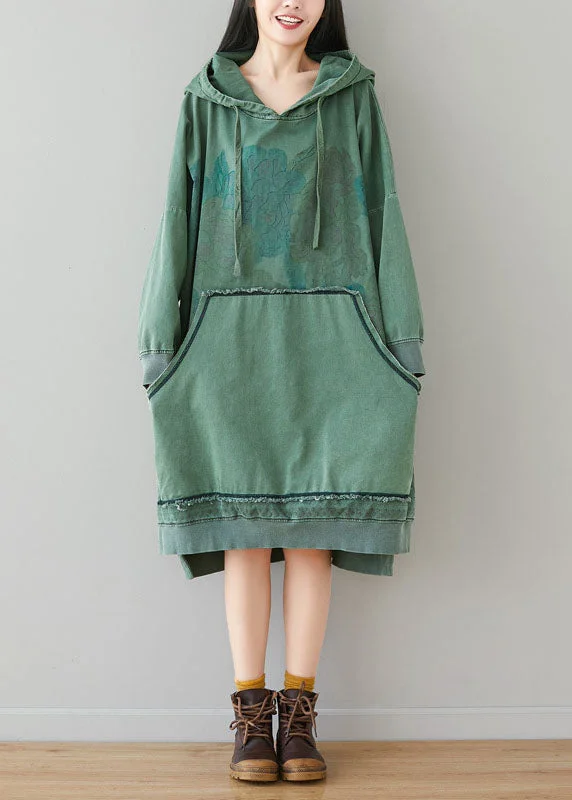 Light Green Sweatshirt dresses Hooded drawstring pockets Spring Hoodie with Color Block Contrast Stylish