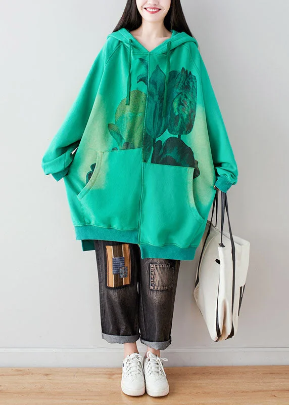 Women Green Hooded drawstring pockets asymmetrical design Print Sweatshirt dresses Spring Hoodie with Oversized Fit Loose Comfortable