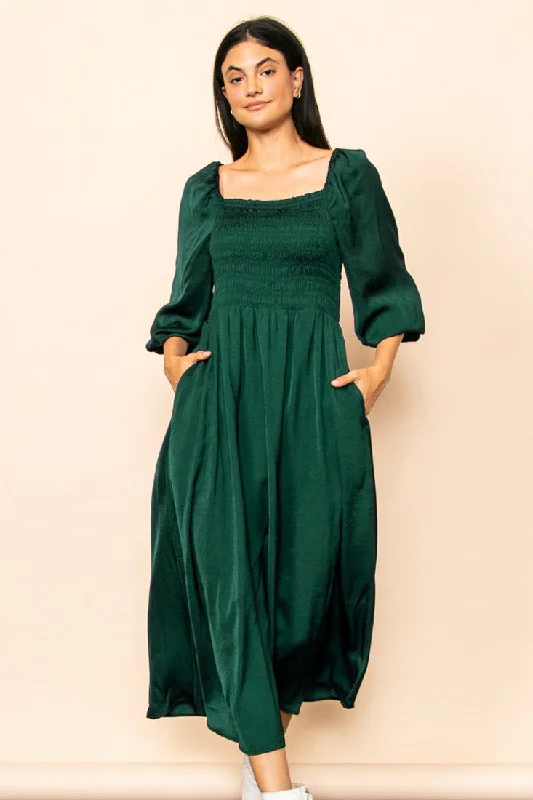 Dull Satin Smocked Dress in Hunter Green Style 1122 Tunics Satin smooth