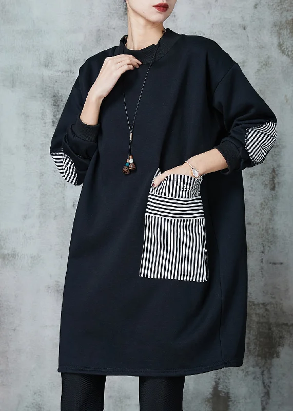 French Black Oversized Patchwork Striped Cotton Sweatshirt Dress Spring Hoodie with Rolled Sleeves Casual Relaxed