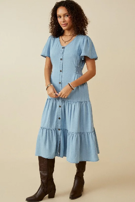 Button Front Tencel Dress 6951 in Light Denim Tunics Polka dots