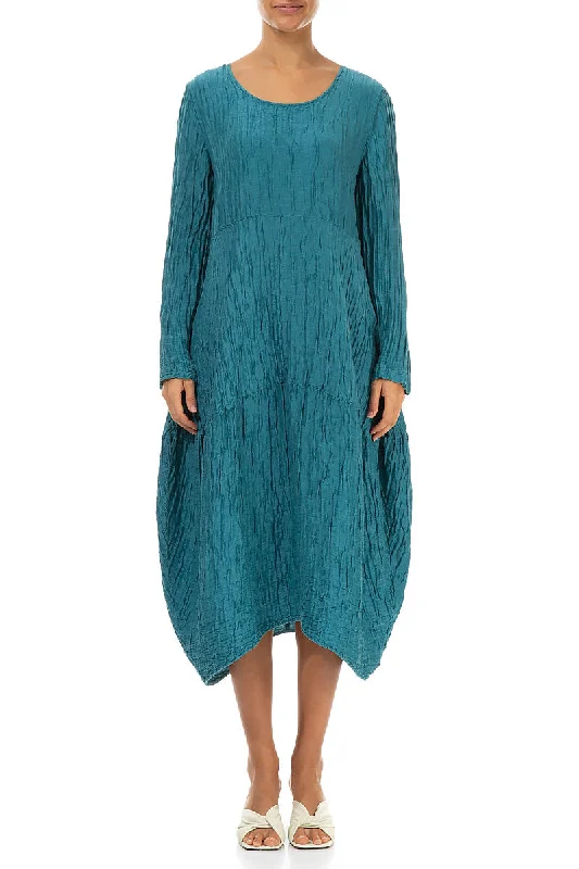 Balloon Crinkled Turquoise Silk Linen Dress Tunics Hiking breathable