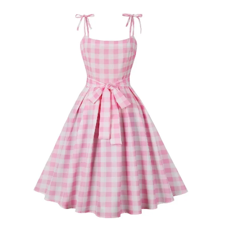 Women Vintage Barbiee Pink Plaid Dress Shift Classic Vintage