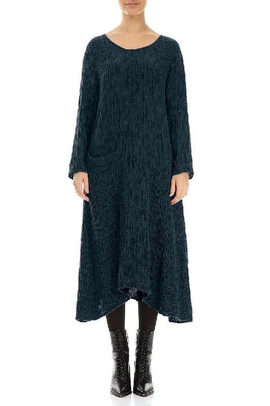 Side Pocket Crinkled Midnight Blue Silk Dress Boatneck Modish Everyday