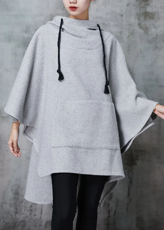 Grey Oversized Cotton Sweatshirts Dress Hooded Batwing Sleeve Hoodie with Half-Zip Sporty Casual