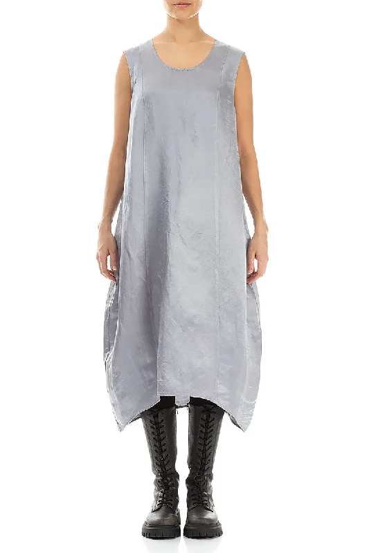 Sleeveless Balloon Light Grey Silk Dress Turtleneck Neckline Stylish