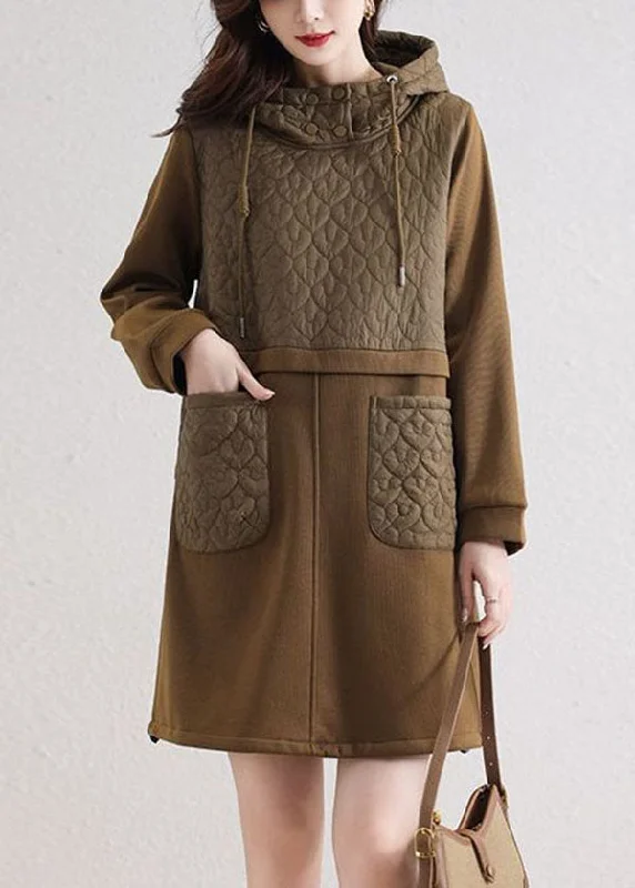 Modern Khaki Hooded Patchwork Pockets Cotton Loose Sweatshirt Dress Spring Hoodie with Tied Waist Feminine Flattering