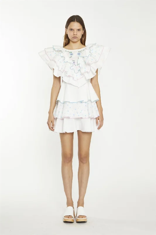 White/Blue/Pink Ditsy-Mix Tiered-Frill Mini-Dress Tunics Occasion special
