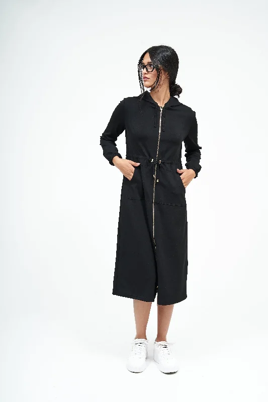 NW Hoodie Long Dress: Black Hooded Sweatshirt Casual Wear Street Style