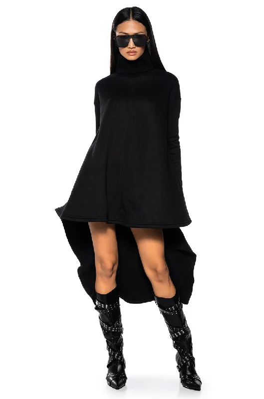 COZY MODE TURTLENECK HIGH LOW SWEATSHIRT DRESS Hoodie with Ribbed Cuffs Snug Fit Comfort
