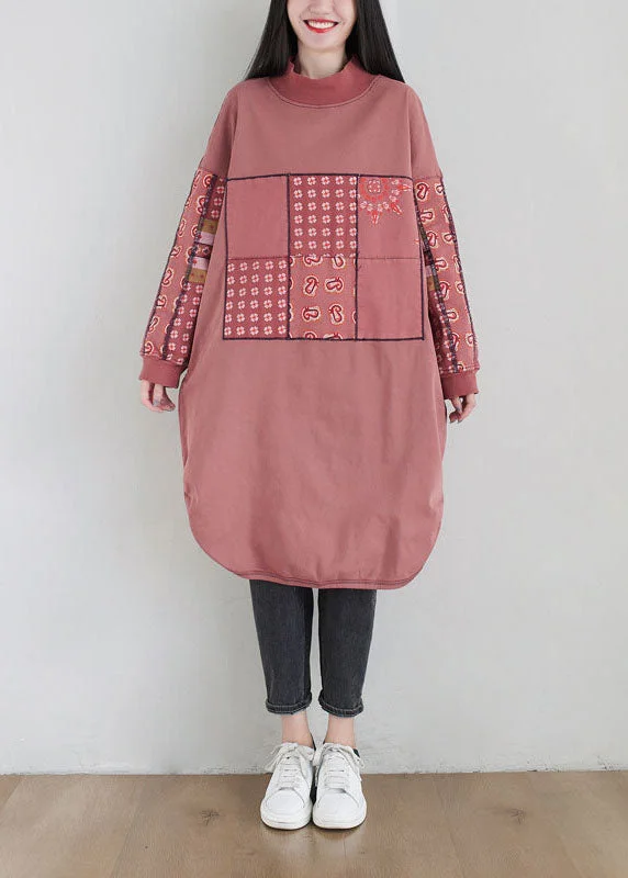 Plus Size Pink Stand Collar Print Cotton Loose Sweatshirt Dress Spring Hoodie with Turtle Neck Cozy Winter