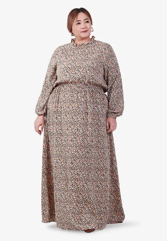 Dolores Gathered Waist Long Dress - Dark Small Floral Tunics Fashionable chic