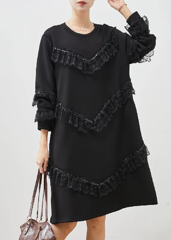 Women Black Ruffles Patchwork Cotton Sweatshirts Dress Spring Hoodie with Set-In Sleeves Structured Classic