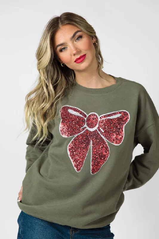 Bow Sequins Patch Olive Oversized Graphic Sweatshirt FINAL SALE Hoodie with Magnetic Closure Innovative Modern