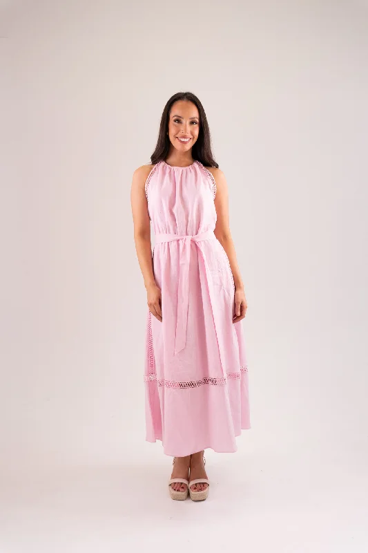 Kayla Crochet Trim Dress In Pink Off-the-shoulder Chic Trendy