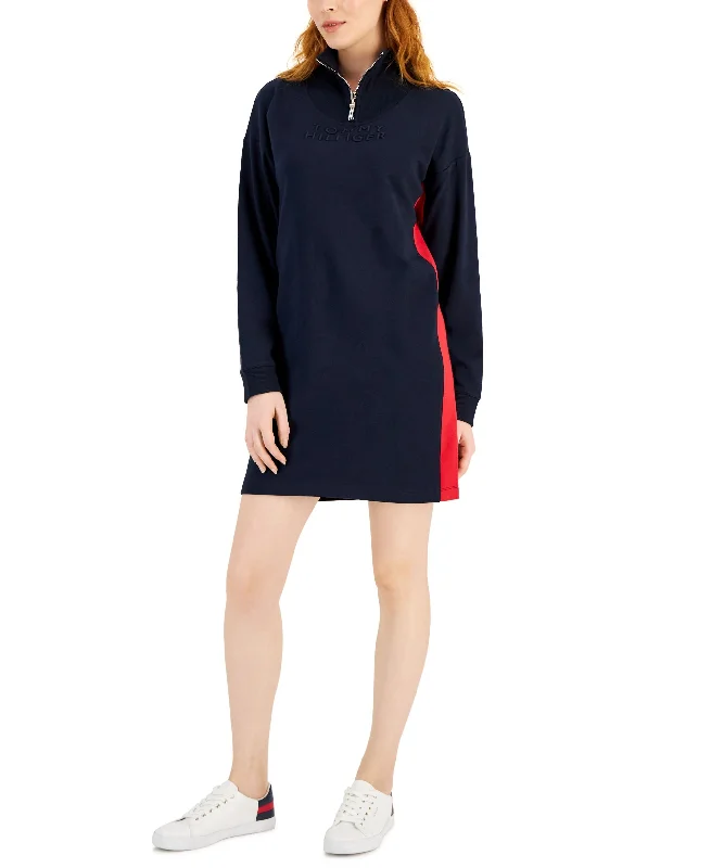 Women's Mock-Neck Long-Sleeve Sweatshirt Dress Hoodie with Monochrome Minimalist Simple