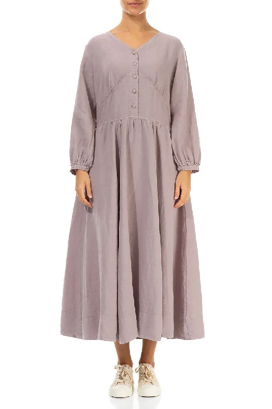 Buttoned Greige Linen Dress empire Waist empire
