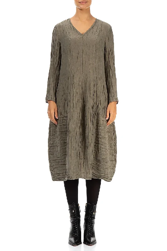 Long Sleeves V-Neck Crinkled Silver Sage Silk Linen Dress Tunics Evening elegant