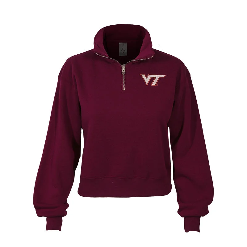 Virginia Tech Women's Cropped Quarter Zip Sweatshirt: Maroon Hoodie with Button Placket Classic Preppy