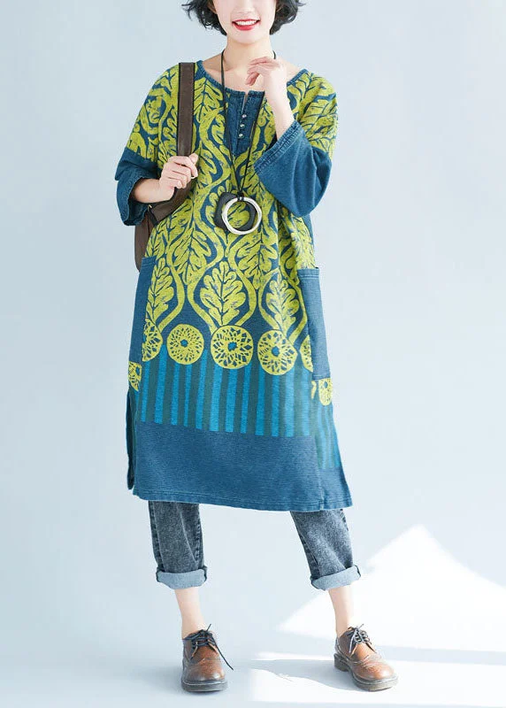 Women Blue O-Neck side open Print Sweatshirts dresses Spring Hoodie with Ribbed Cuffs Snug Fit Comfort
