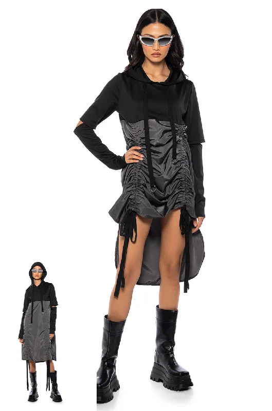 RUNNING AROUND CINCHED HOODIE DRESS IN BLACK Hoodie with Velcro Closure Adjustable Secure