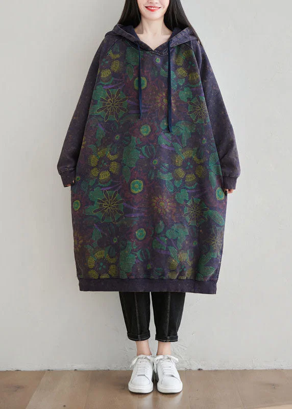 Diy Dark Blue side open drawstring Hooded Loose Sweatshirt dresses Spring Hoodie with Frayed Bohemian Relaxed