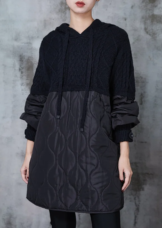 Black Patchwork Knit Cotton Filled Sweatshirt Dress Hooded Spring Hoodie with Ribbed Neckline Snug Warm
