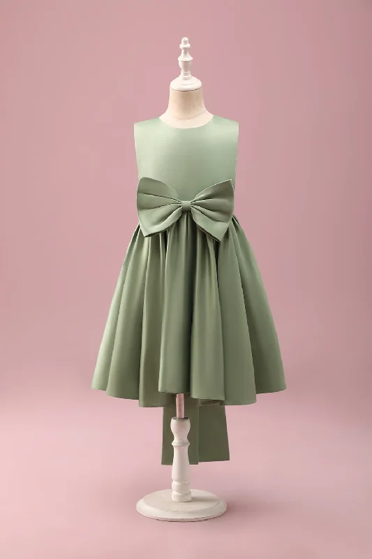 Grey Green A-Line Round Neck Satin Flower Girl Dress with Bow Tunics Gym athletic
